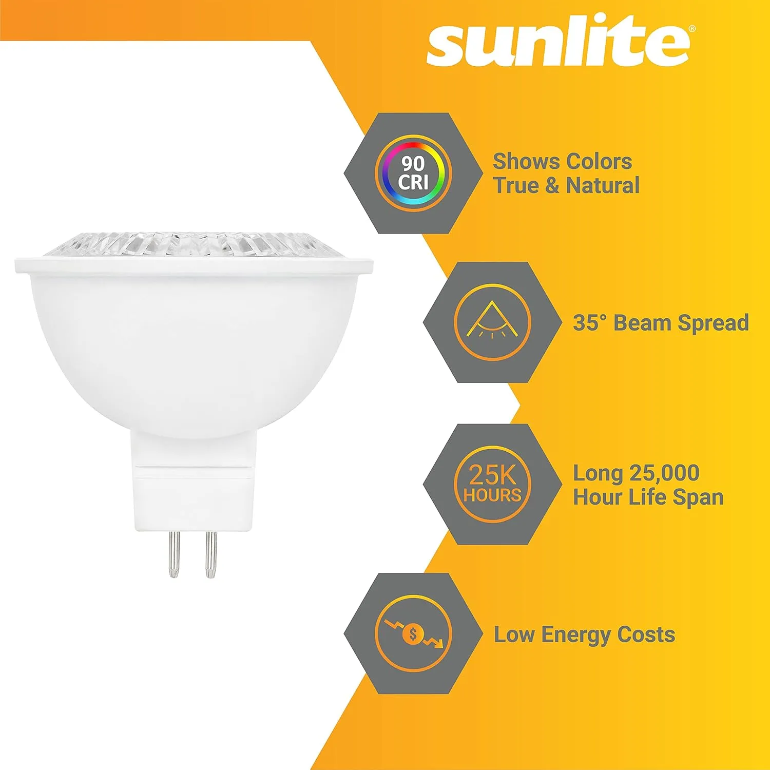 Sunlite LED MR16 Reflector Spotlight Bulb, 7 Watts (50W Equivalent) 12V, 500 LM, 90 CRI, GU5.3 Bi-Pin Base, Dimmable, Title-20 Compliant, UL Listed, 3000K Warm White, 6 Pack