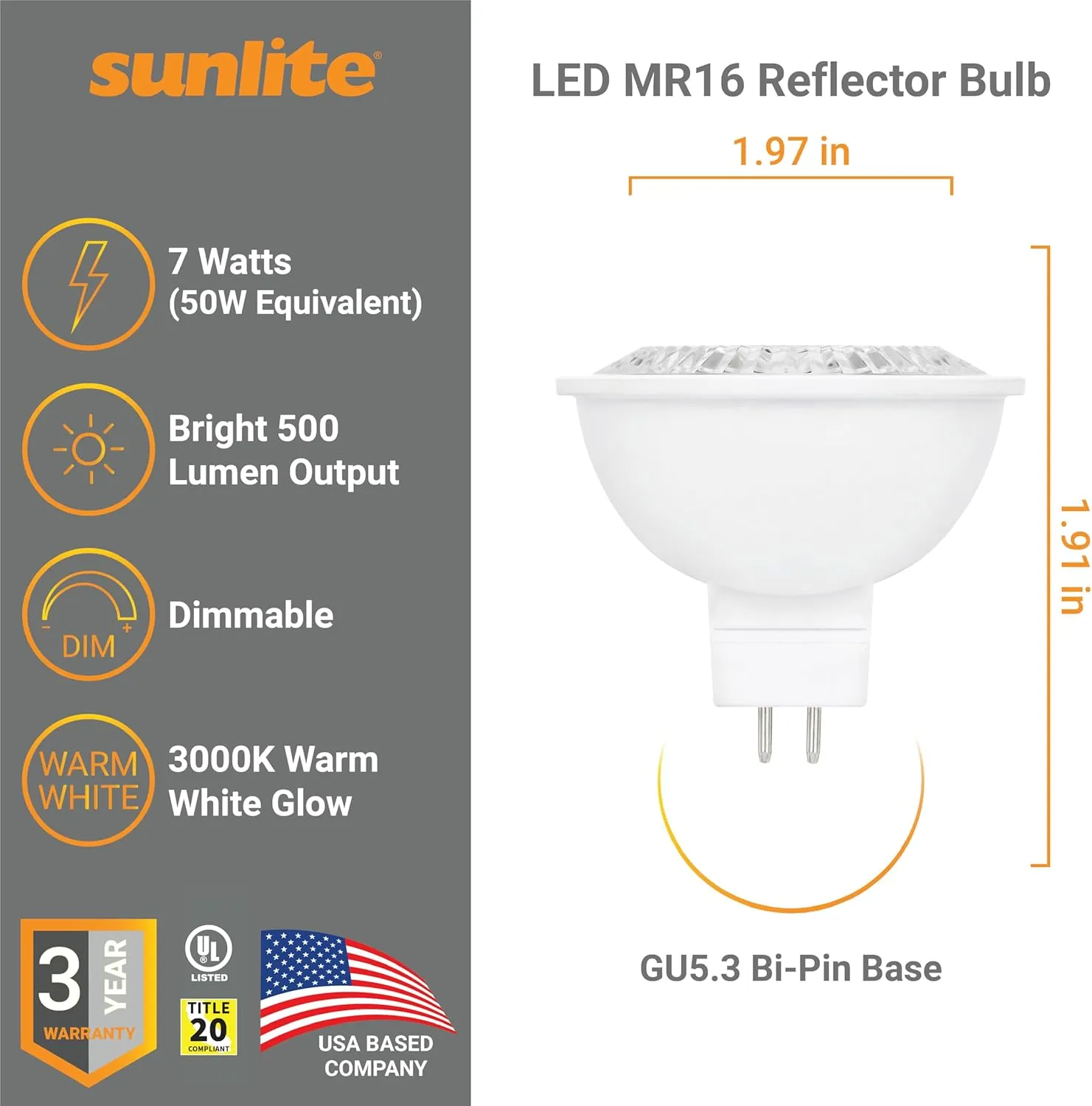 Sunlite LED MR16 Reflector Spotlight Bulb, 7 Watts (50W Equivalent) 12V, 500 LM, 90 CRI, GU5.3 Bi-Pin Base, Dimmable, Title-20 Compliant, UL Listed, 3000K Warm White, 6 Pack