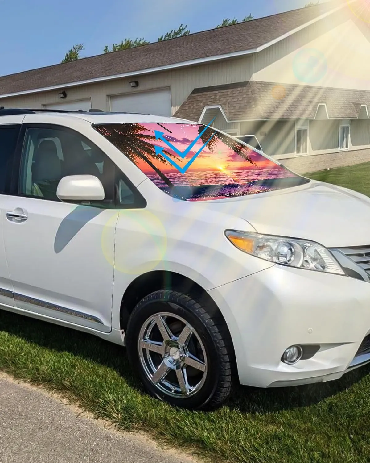 Sunset Beach Car Windshield Sun Shade Compatible with Toyota Sienna Mini Van 2021 2022 2023 2024 2025, Foldable Reflective Window Sunshade for UV Protection & Heat Reduction