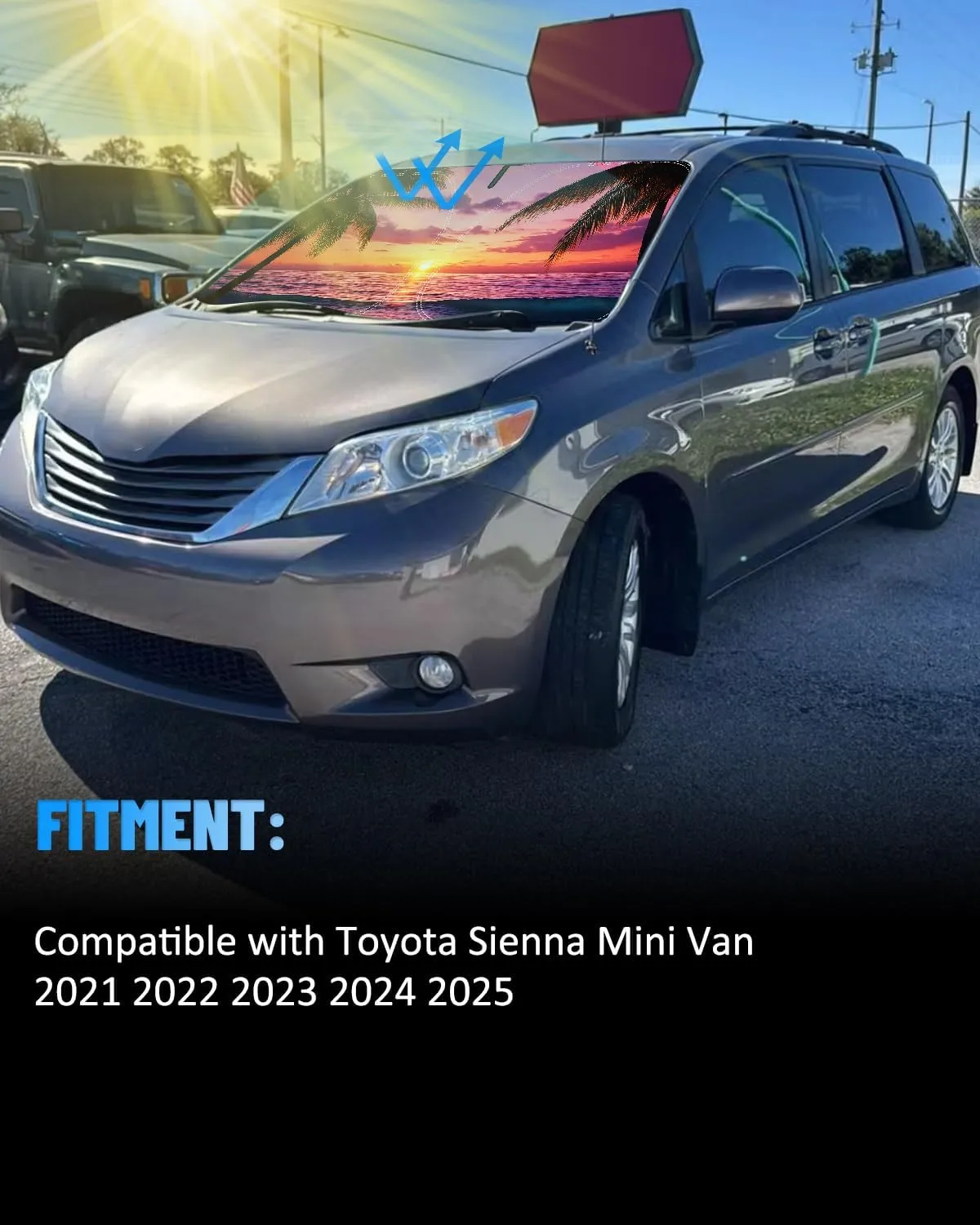 Sunset Beach Car Windshield Sun Shade Compatible with Toyota Sienna Mini Van 2021 2022 2023 2024 2025, Foldable Reflective Window Sunshade for UV Protection & Heat Reduction