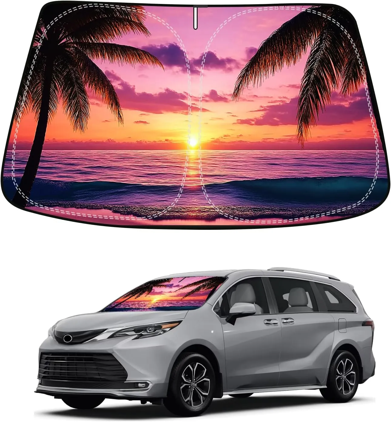 Sunset Beach Car Windshield Sun Shade Compatible with Toyota Sienna Mini Van 2021 2022 2023 2024 2025, Foldable Reflective Window Sunshade for UV Protection & Heat Reduction