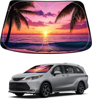 Sunset Beach Car Windshield Sun Shade Compatible with Toyota Sienna Mini Van 2021 2022 2023 2024 2025, Foldable Reflective Window Sunshade for UV Protection & Heat Reduction