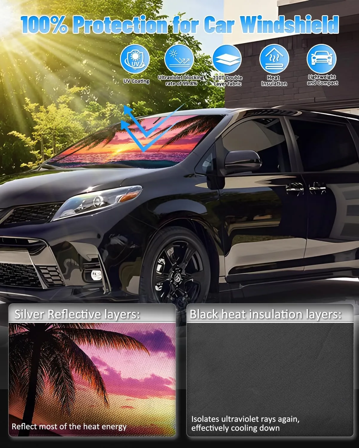 Sunset Beach Car Windshield Sun Shade Compatible with Toyota Sienna Mini Van 2021 2022 2023 2024 2025, Foldable Reflective Window Sunshade for UV Protection & Heat Reduction