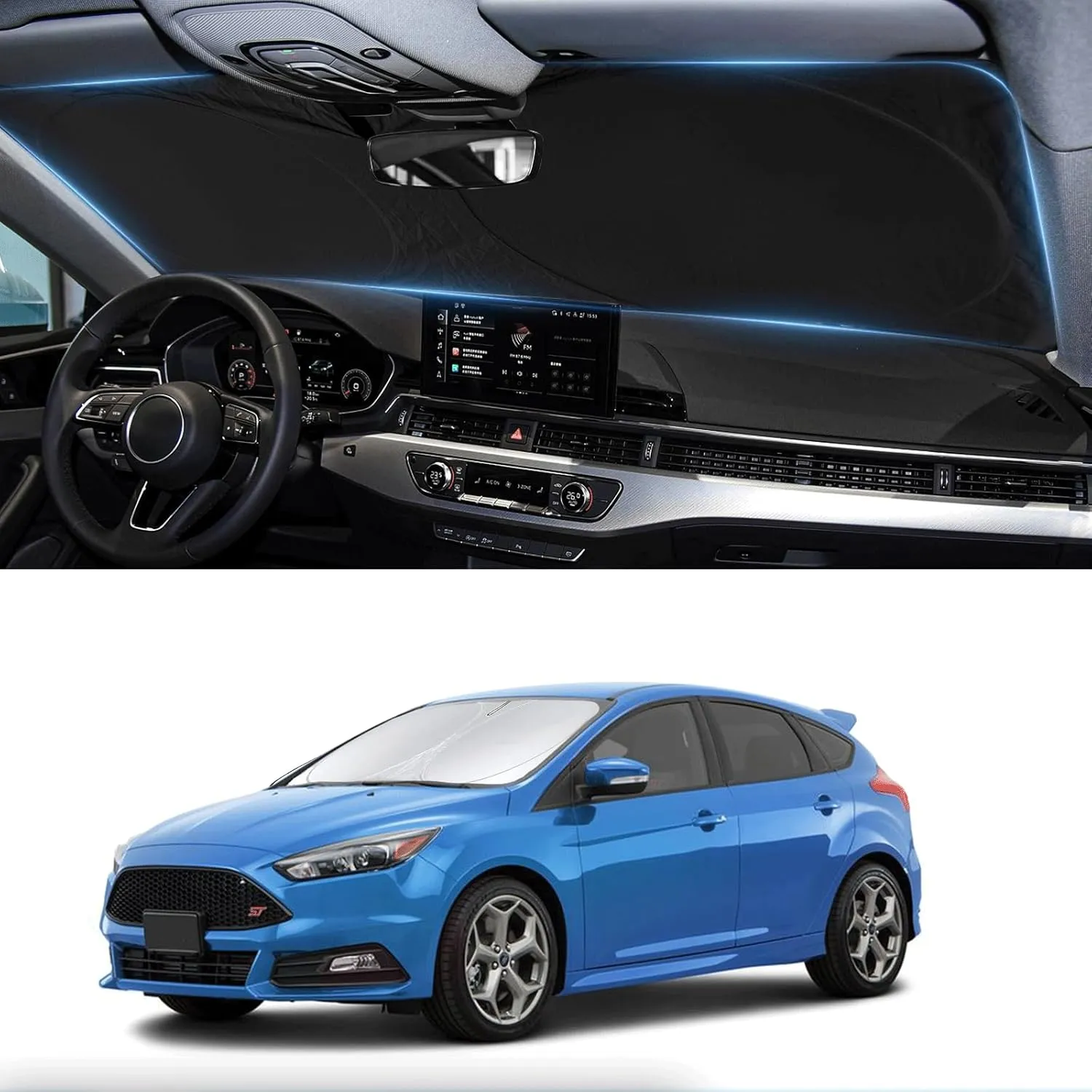 Sunshade for Focus Windshield Sun Shade Custom-fit for 2012-2018 Ford Focus S, RS, ST, SE, SEL, Titanium, Electric Sedan Hatchback Accessories Front Window Shield Cover Sun Visor UV Reflector