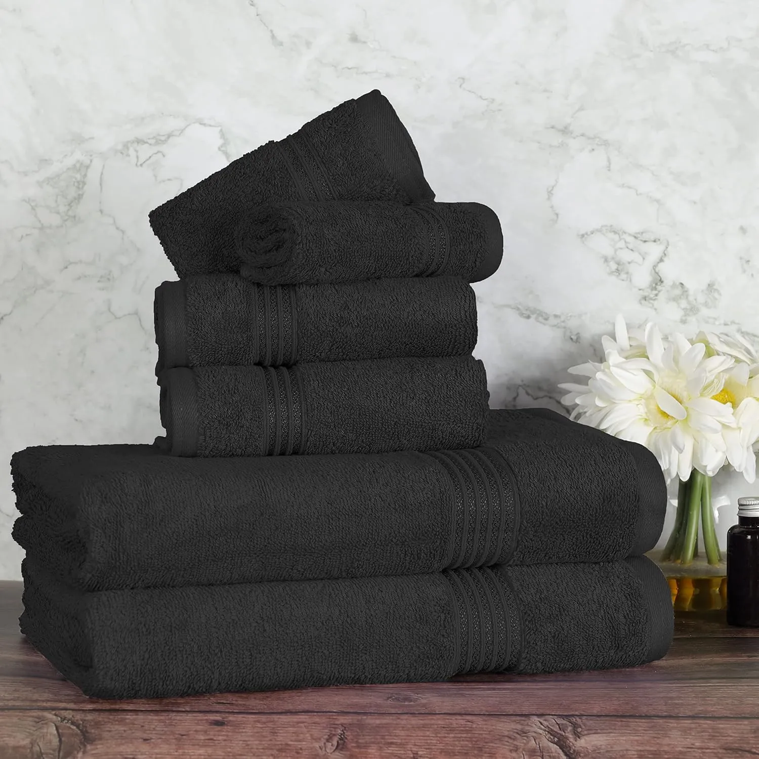 Superior Egyptian Cotton 6-Piece Towel Set, Bathroom Essentials, Towels For Bathroom, Apartment, Airbnb, Guest Bath, Face, Hand, Bath Towels, Washcloths, Absorbent, Fast Drying, Black