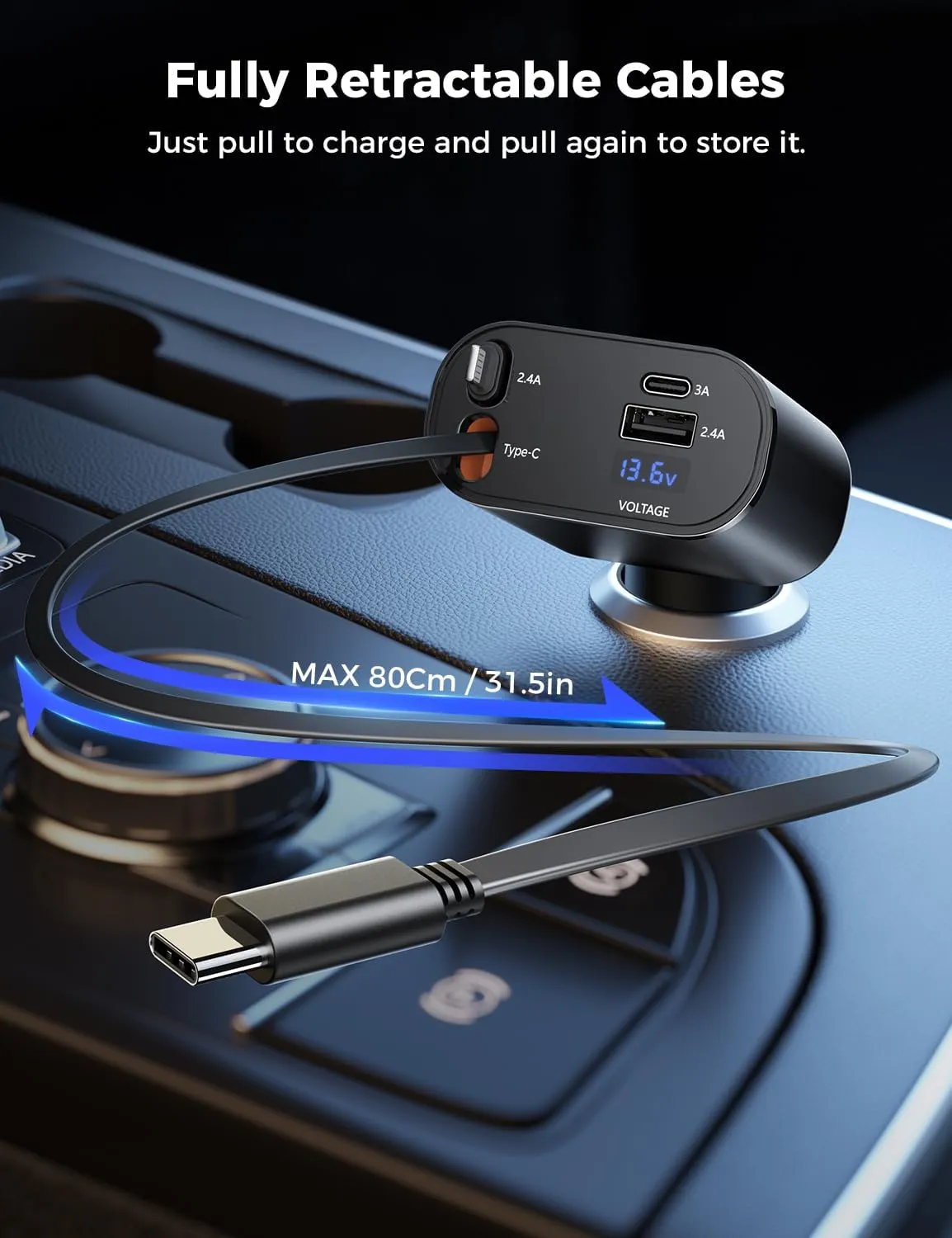 SUPERONE Retractable Car Charger for iPhone with Dual Type C Cables, 4 in 1 USB C Car Charger Adapter with PD 60W Fast Charging Compatible with iPhone 16 15 14 13 12 11 Pro/XS/XR/SE/iPad/Airpods