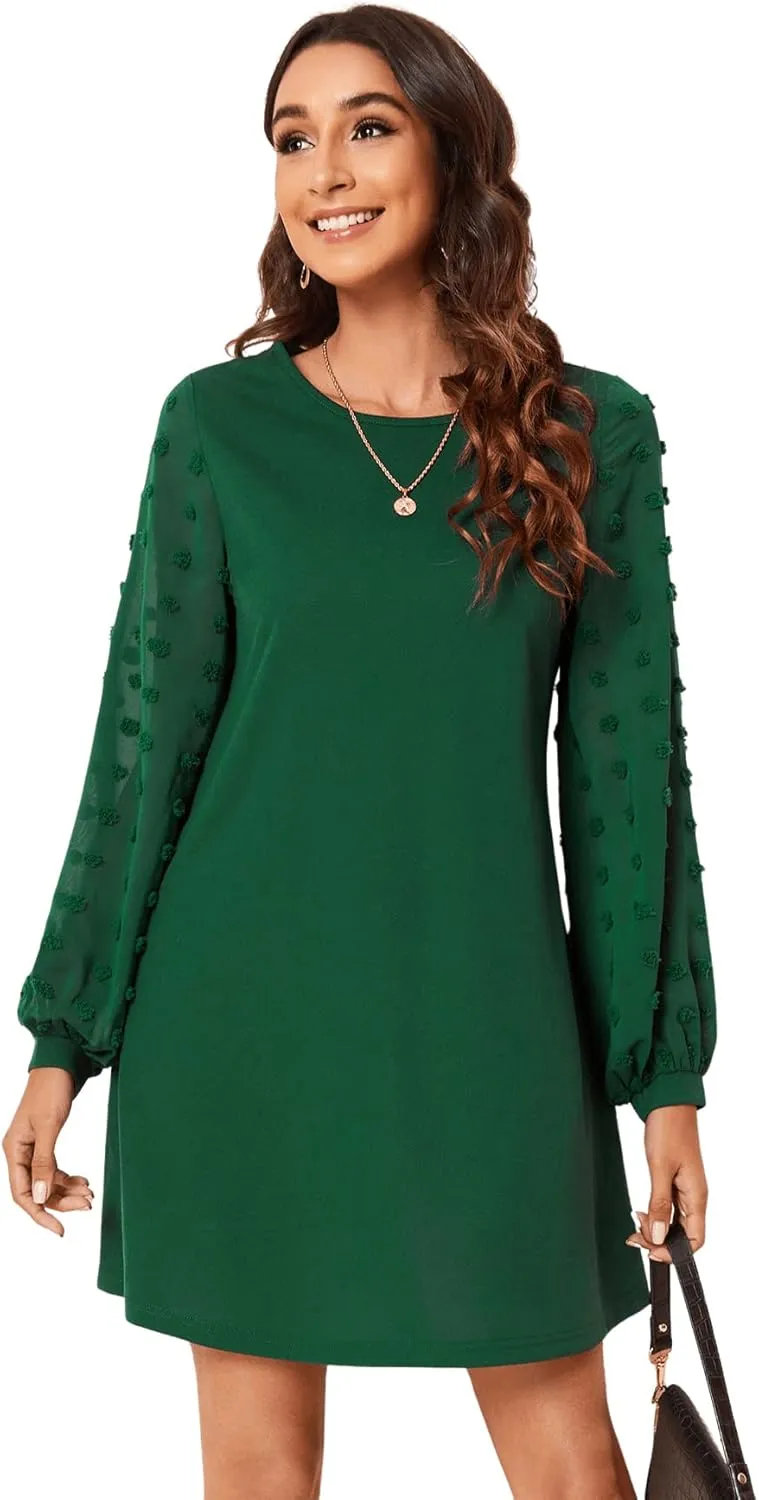 SweatyRocks Women's Elegant Mesh Contrast Long Sleeve A Line Mini Short Dress
