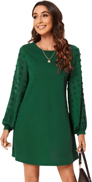 SweatyRocks Women's Elegant Mesh Contrast Long Sleeve A Line Mini Short Dress