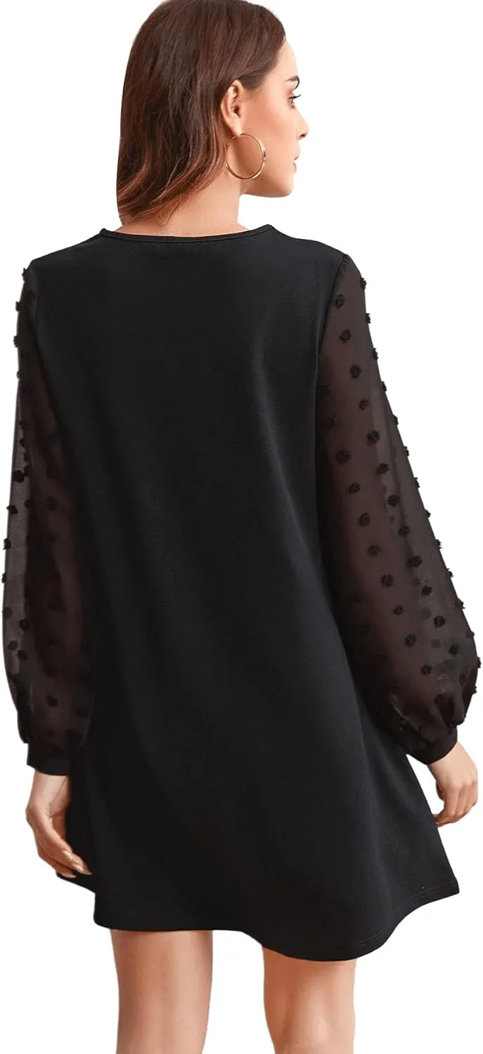 SweatyRocks Women's Elegant Mesh Contrast Long Sleeve A Line Mini Short Dress