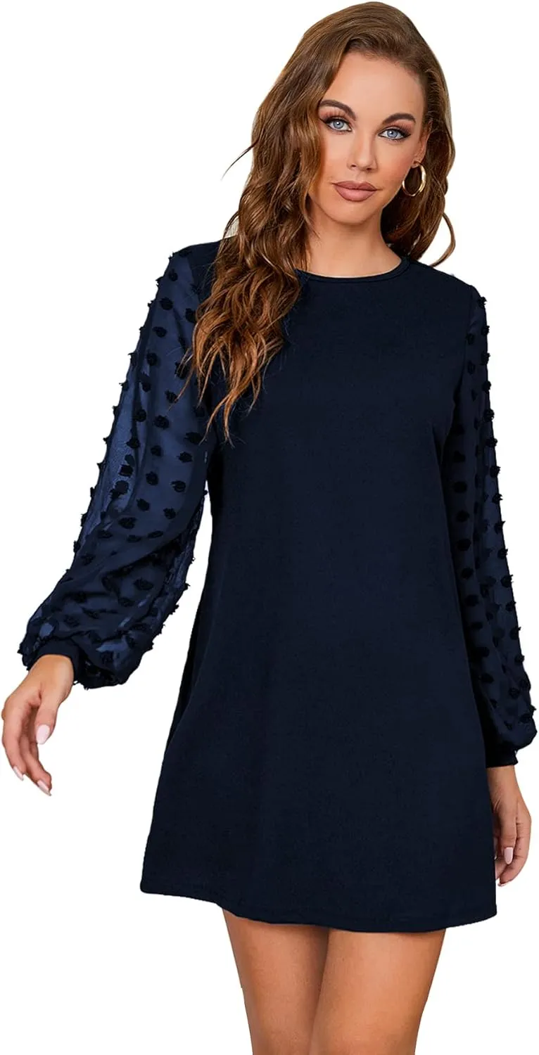 SweatyRocks Women's Elegant Mesh Contrast Long Sleeve A Line Mini Short Dress