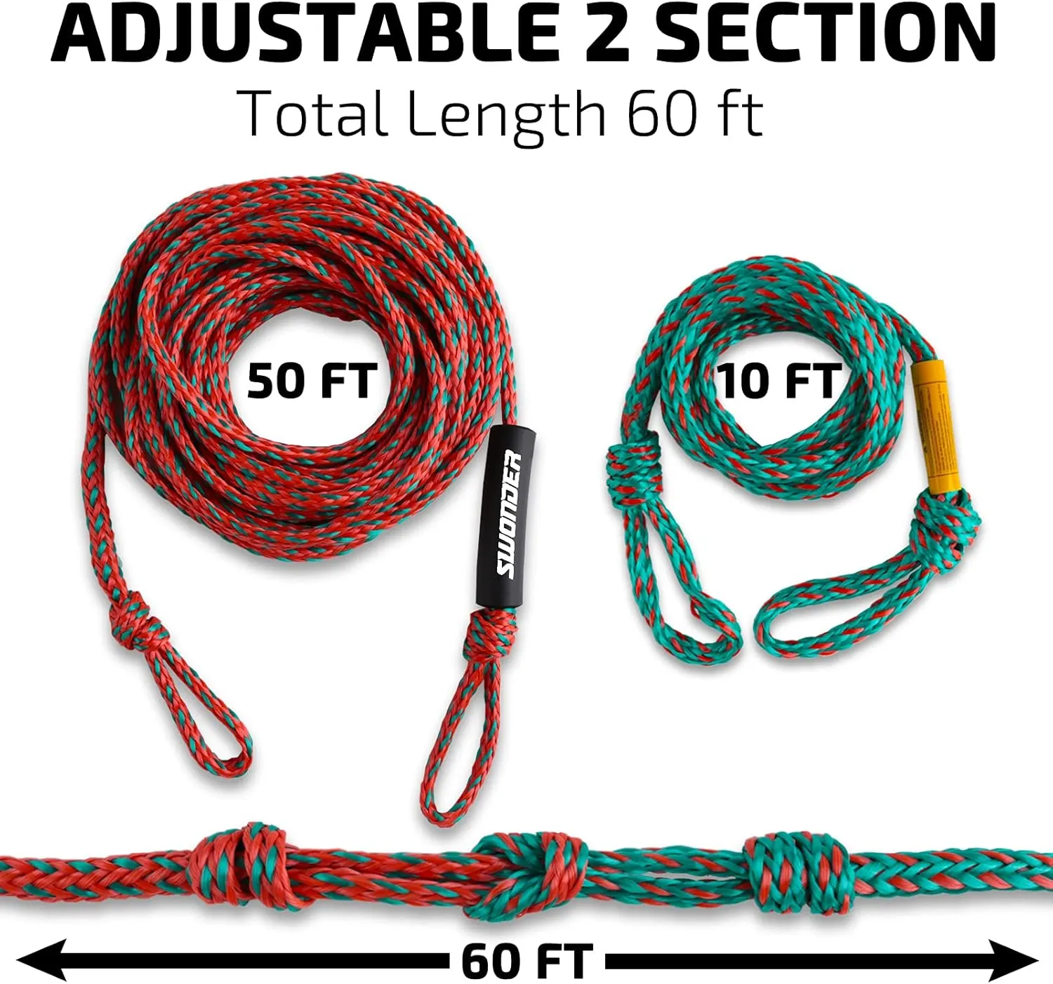 Swonder 2-Section Tow Ropes for Tubing, 1-4 Rider 60FT Ropes for Towable Tubes
