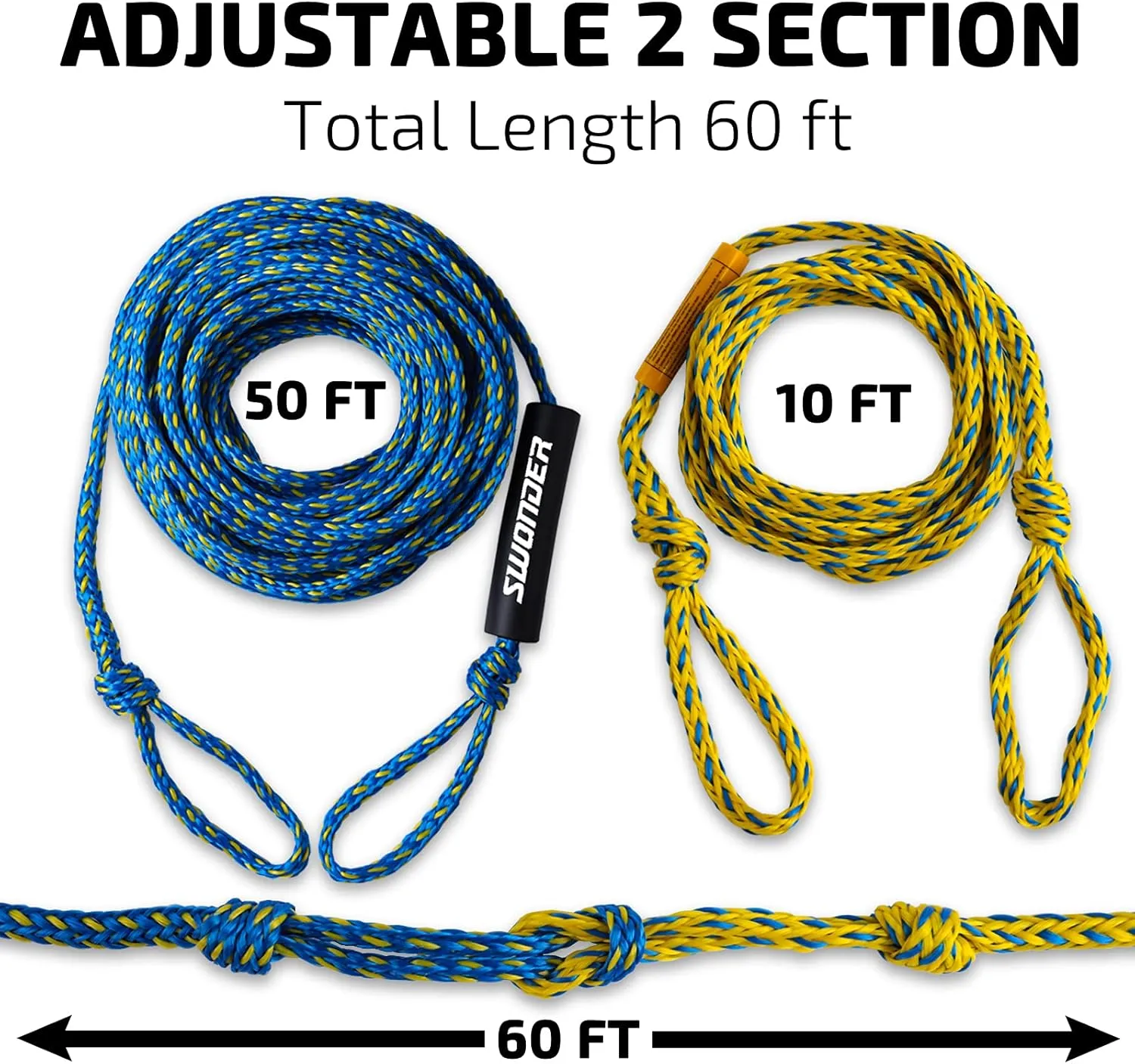 Swonder 2-Section Tow Ropes for Tubing, 1-4 Rider 60FT Ropes for Towable Tubes