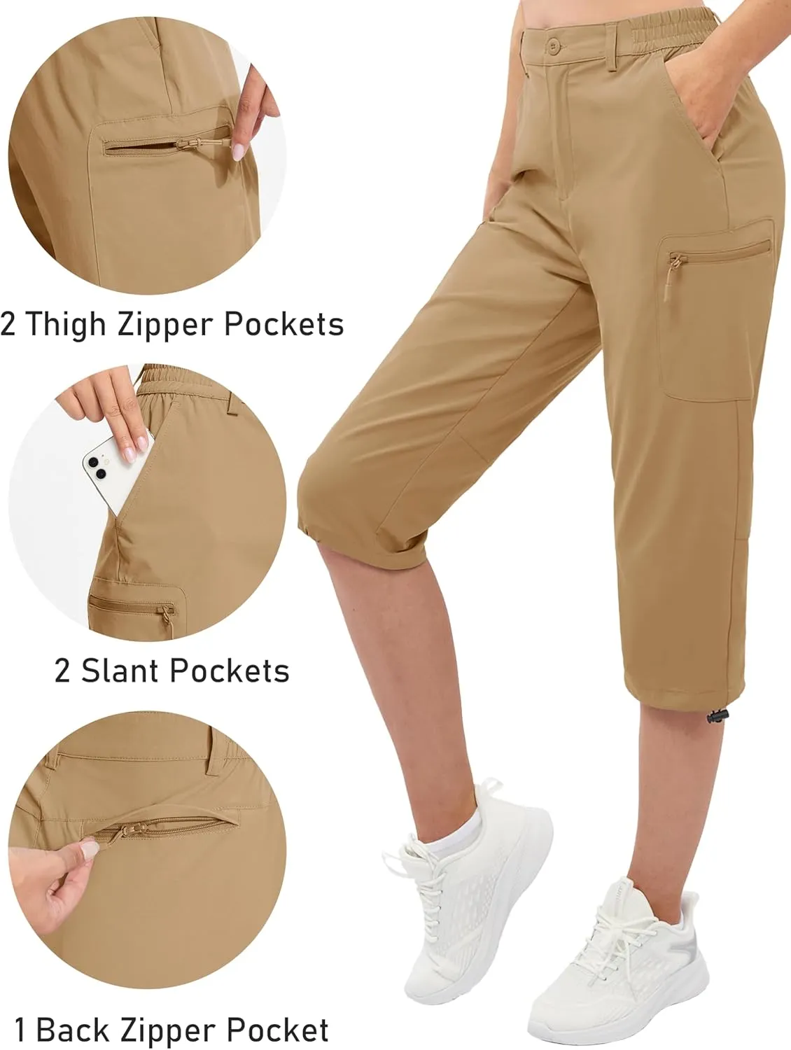 TACVASEN Women's Cargo Capris Hiking Pants Lightweight Quick Dry Travel Long Shorts Golf Casual Summer Zipper Pockets