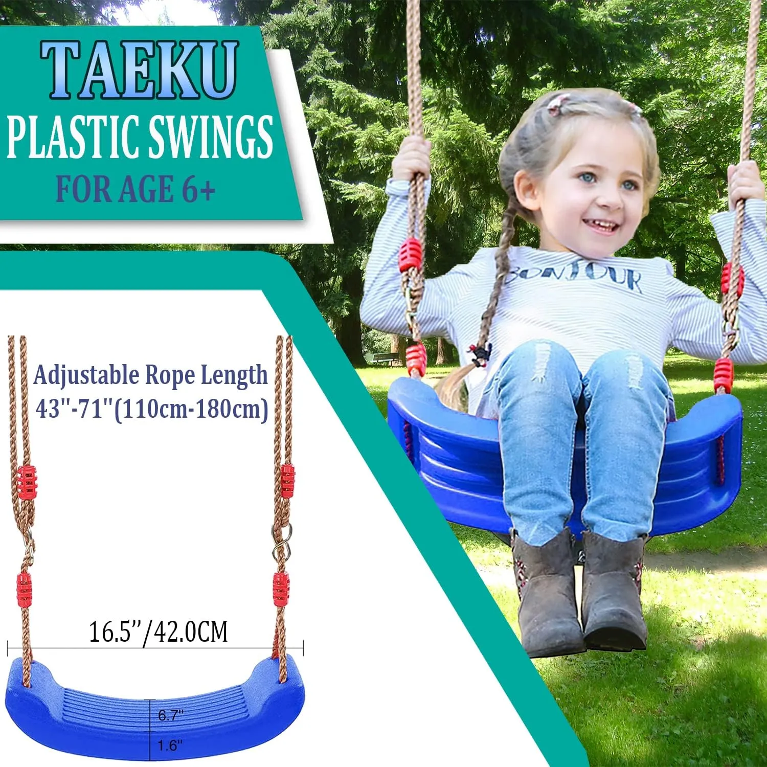 Taeku Swings for Kids, Plastic Swing Seat with Rope Kids Tree Swing Set Accessories Adjustable Rope for Outdoor Indoor Playground (Blue)