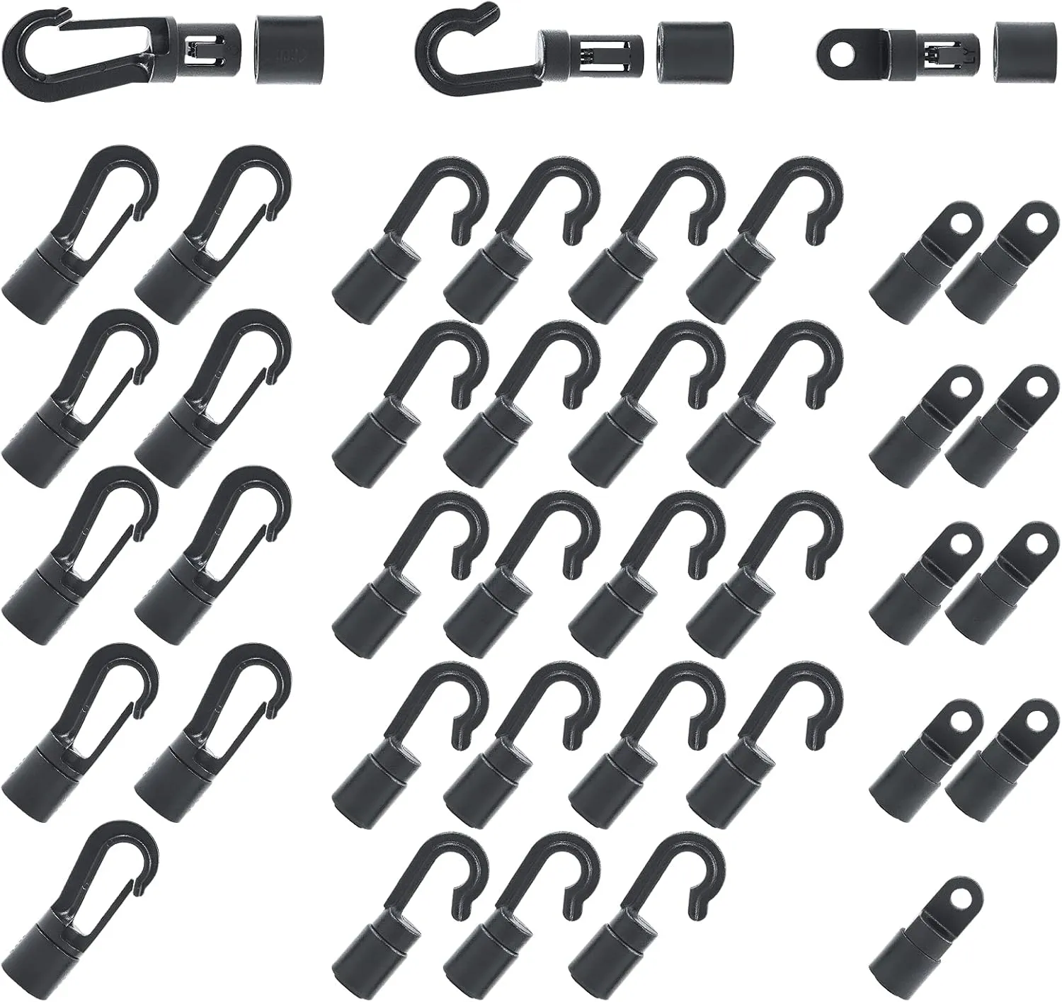 Tanstic 40Pcs Bungee Shock Cord Hooks Shock Open End Hooks for 1/4" 3/16'' 5/16'' Cord Rope with Straight Hooks for Kayaks