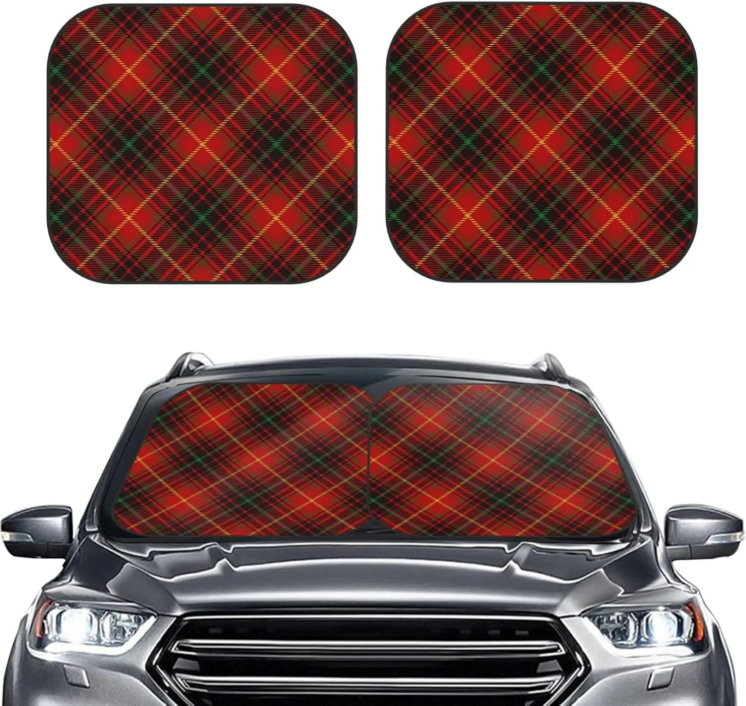 Tartan-Red-Green-Gold-and-Black-Color-Plaid-S-Trend 2-Piece Windshield Sunshade - Foldable Car Front Window Sunshade Medium