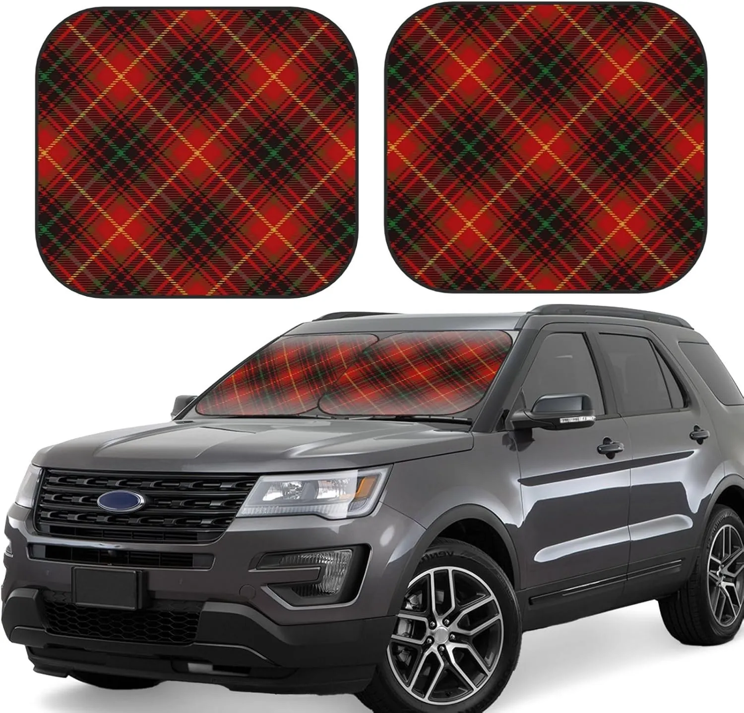 Tartan-Red-Green-Gold-and-Black-Color-Plaid-S-Trend 2-Piece Windshield Sunshade - Foldable Car Front Window Sunshade Medium