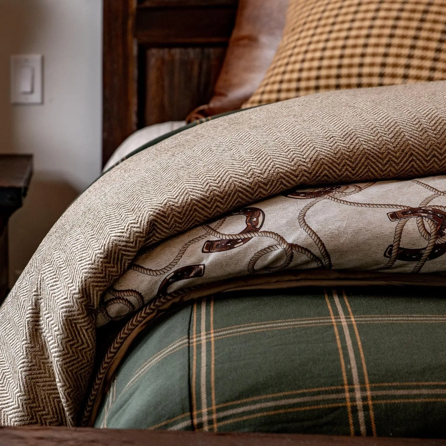 Tasha Polizzi for Paseo Road Pierre Equestrian Western Bedding 3 Piece King Size Comforter Set, Brown Tan Cotton Sateen, Horseshoe Print, Modern Rustic Style Western Comforter with Pillow Shams