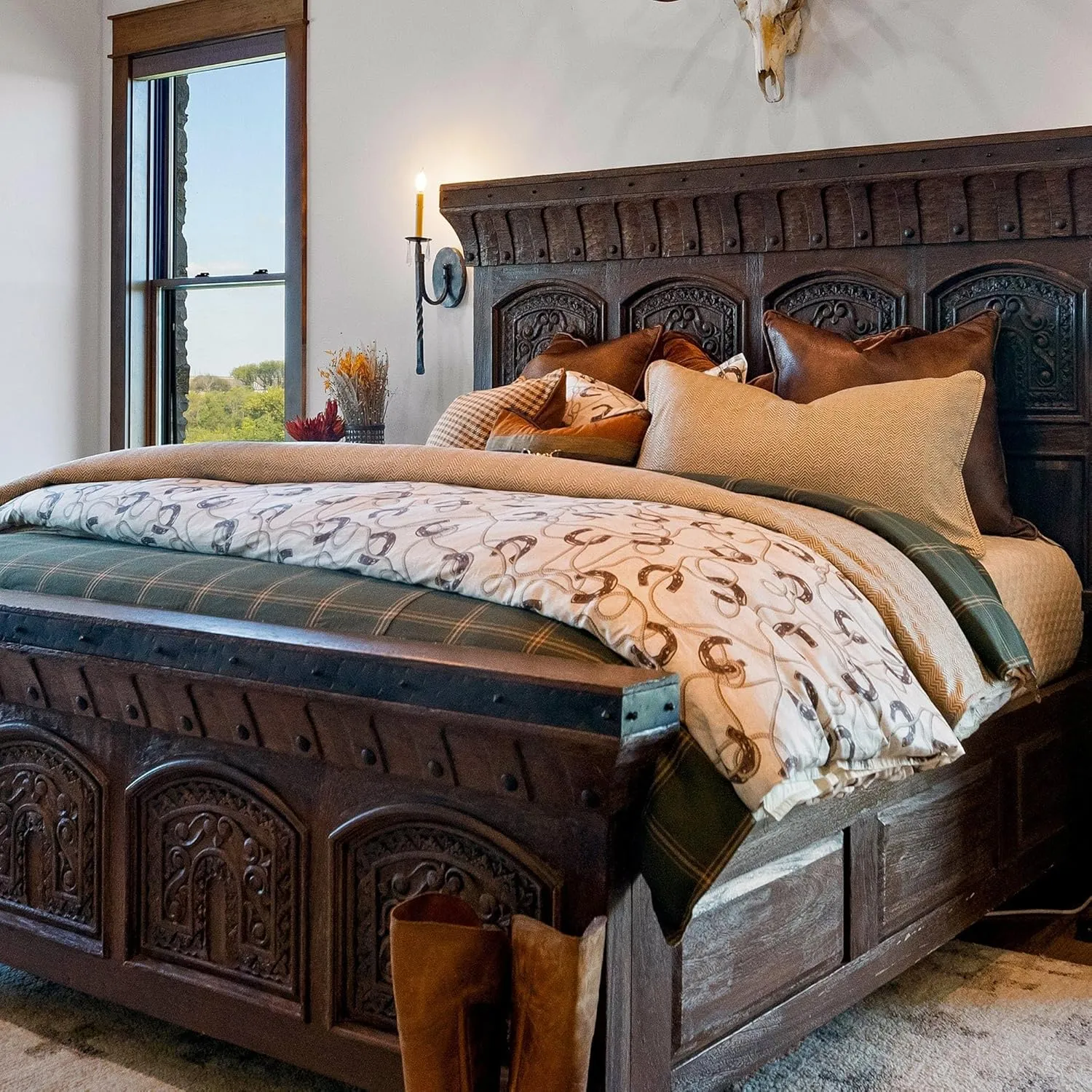 Tasha Polizzi for Paseo Road Pierre Equestrian Western Bedding 3 Piece King Size Comforter Set, Brown Tan Cotton Sateen, Horseshoe Print, Modern Rustic Style Western Comforter with Pillow Shams