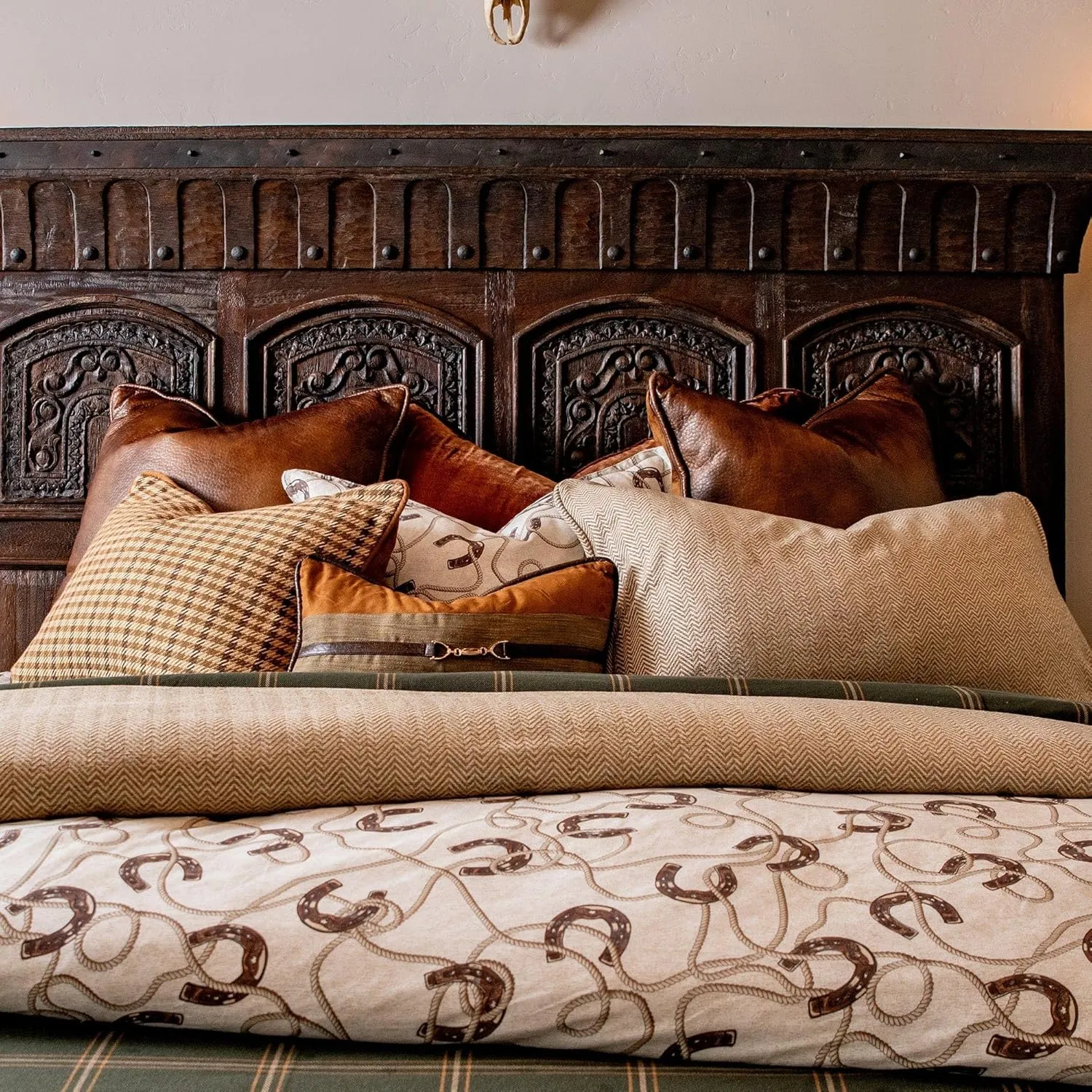 Tasha Polizzi for Paseo Road Pierre Equestrian Western Bedding 3 Piece King Size Comforter Set, Brown Tan Cotton Sateen, Horseshoe Print, Modern Rustic Style Western Comforter with Pillow Shams
