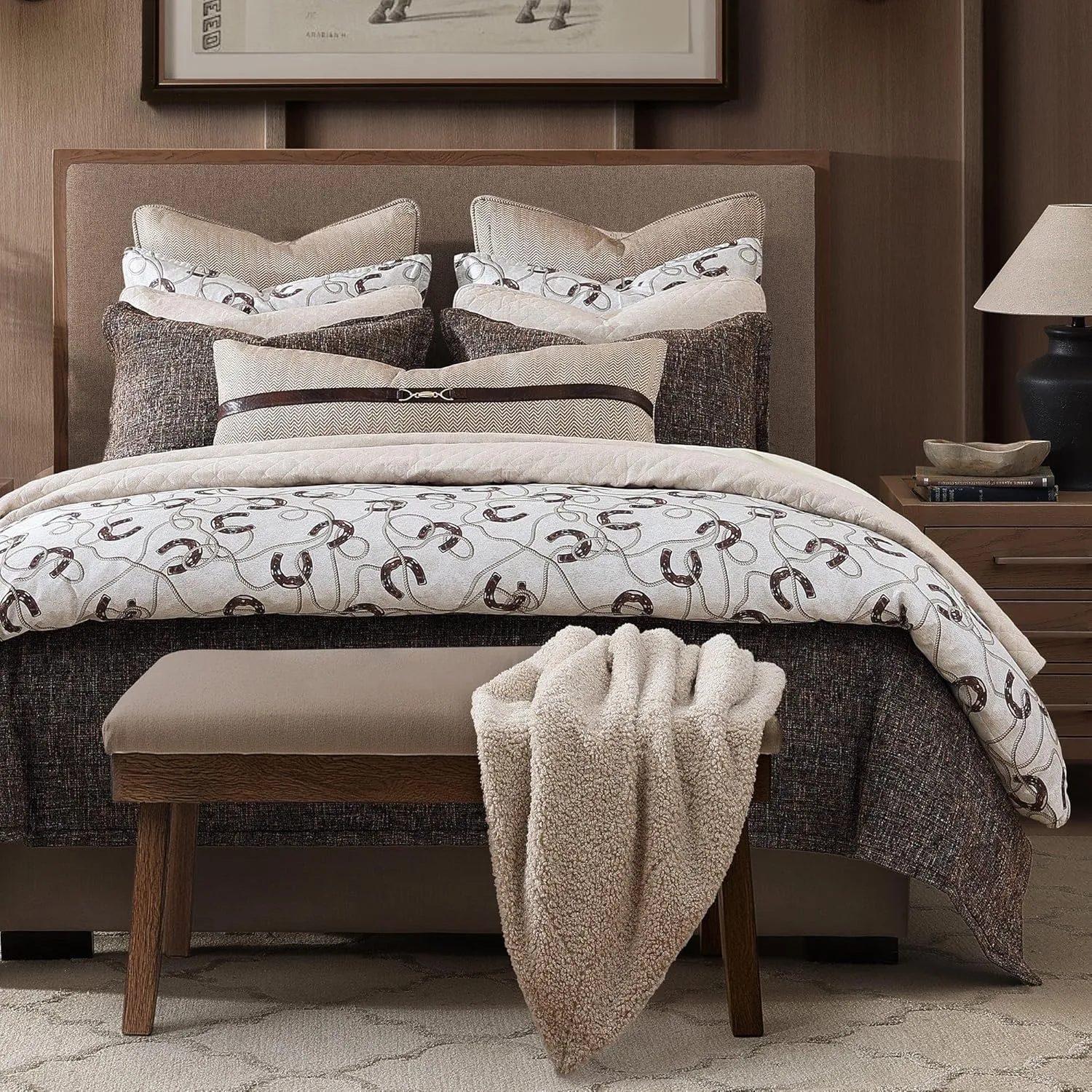 Tasha Polizzi for Paseo Road Pierre Equestrian Western Bedding 3 Piece King Size Comforter Set, Brown Tan Cotton Sateen, Horseshoe Print, Modern Rustic Style Western Comforter with Pillow Shams