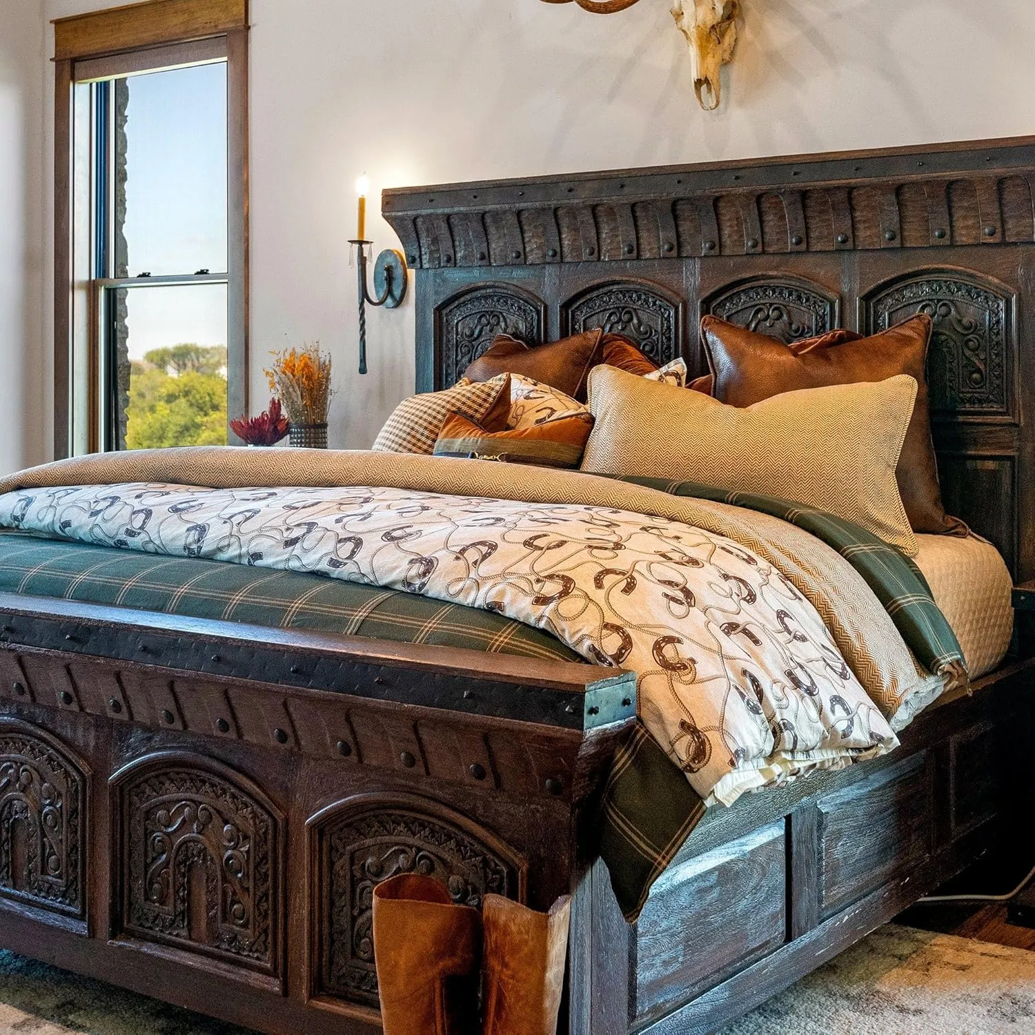 Tasha Polizzi for Paseo Road Pierre Equestrian Western Bedding 3 Piece King Size Comforter Set, Brown Tan Cotton Sateen, Horseshoe Print, Modern Rustic Style Western Comforter with Pillow Shams