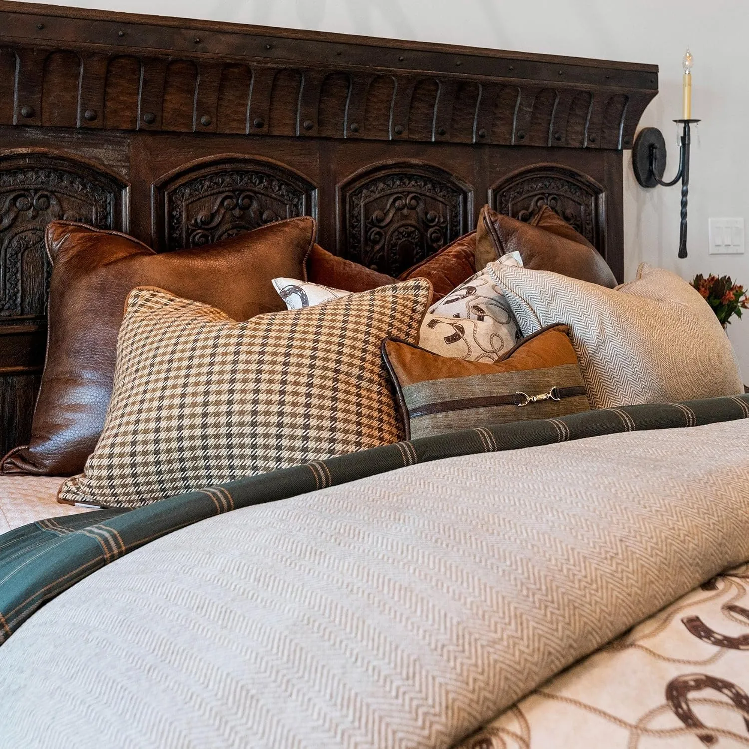 Tasha Polizzi for Paseo Road Pierre Equestrian Western Bedding 3 Piece King Size Comforter Set, Brown Tan Cotton Sateen, Horseshoe Print, Modern Rustic Style Western Comforter with Pillow Shams