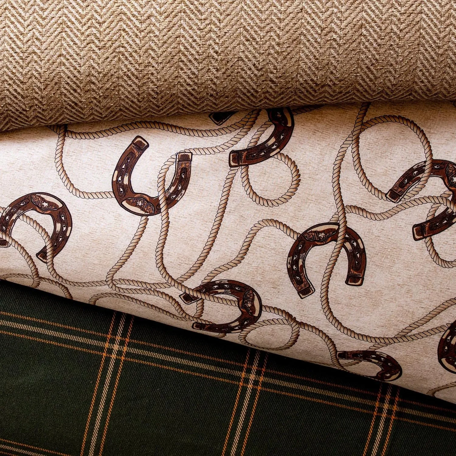 Tasha Polizzi for Paseo Road Pierre Equestrian Western Bedding 3 Piece King Size Comforter Set, Brown Tan Cotton Sateen, Horseshoe Print, Modern Rustic Style Western Comforter with Pillow Shams