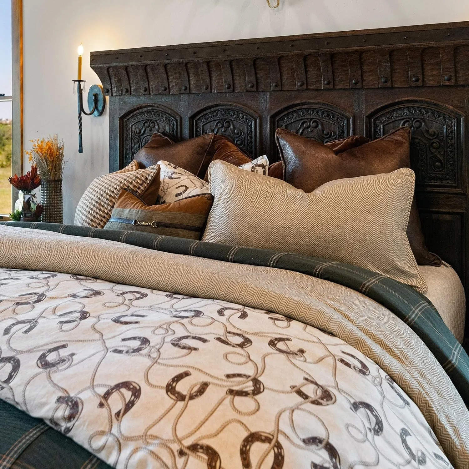 Tasha Polizzi for Paseo Road Pierre Equestrian Western Bedding 3 Piece King Size Comforter Set, Brown Tan Cotton Sateen, Horseshoe Print, Modern Rustic Style Western Comforter with Pillow Shams