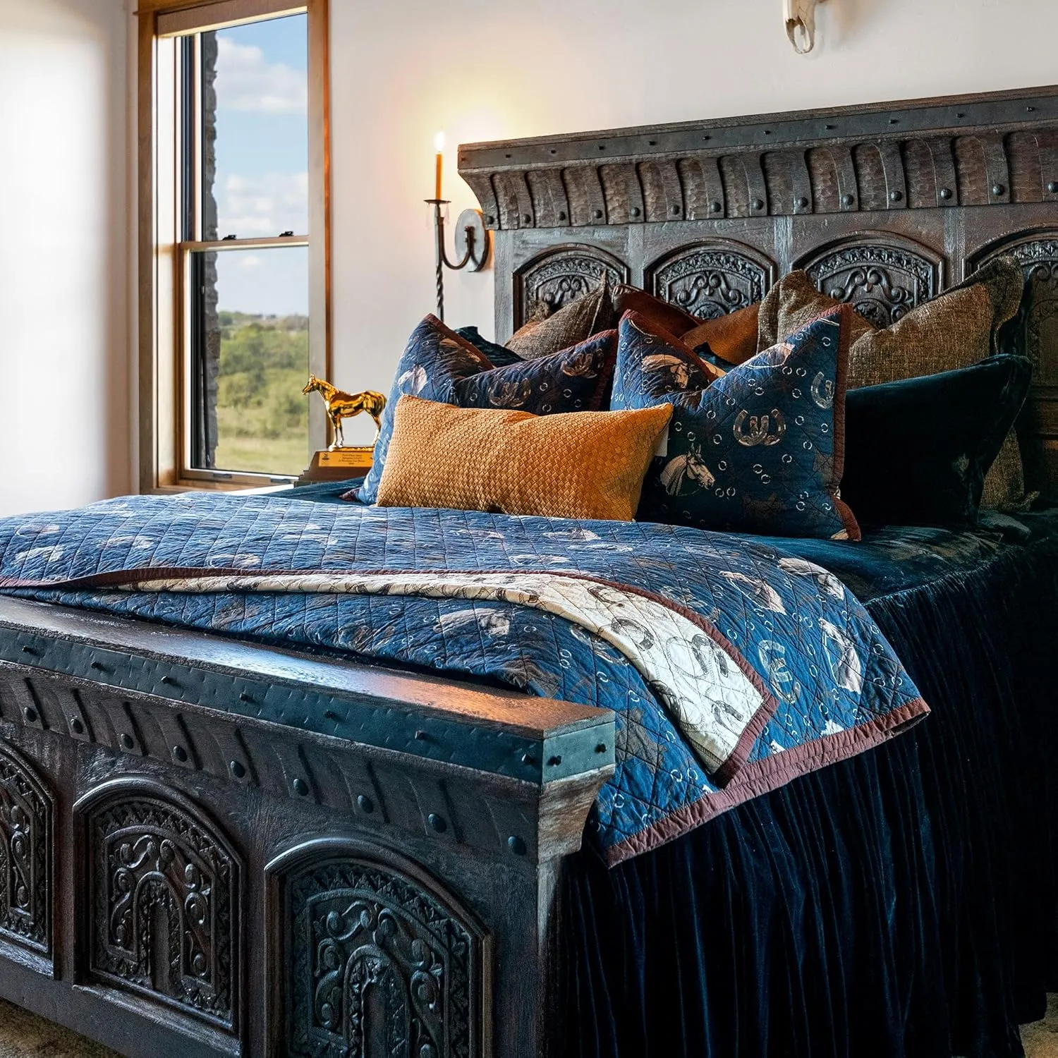 Tasha Polizzi Saratoga Western Bedding Sets Twin Size 2 Piece Cotton Quilt Set, Navy Blue Brown Tan, Horse Horseshoe Rope Print, Southwestern Rustic Reversible Quilt with Pillow Shams