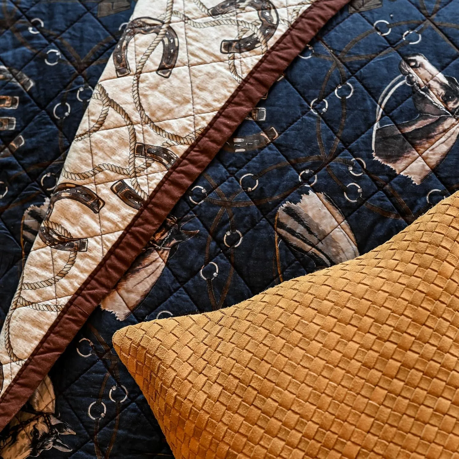 Tasha Polizzi Saratoga Western Bedding Sets Twin Size 2 Piece Cotton Quilt Set, Navy Blue Brown Tan, Horse Horseshoe Rope Print, Southwestern Rustic Reversible Quilt with Pillow Shams