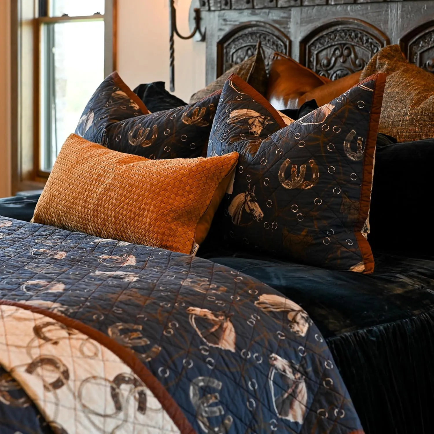 Tasha Polizzi Saratoga Western Bedding Sets Twin Size 2 Piece Cotton Quilt Set, Navy Blue Brown Tan, Horse Horseshoe Rope Print, Southwestern Rustic Reversible Quilt with Pillow Shams
