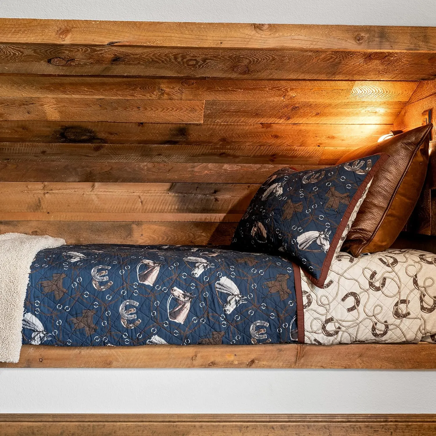 Tasha Polizzi Saratoga Western Bedding Sets Twin Size 2 Piece Cotton Quilt Set, Navy Blue Brown Tan, Horse Horseshoe Rope Print, Southwestern Rustic Reversible Quilt with Pillow Shams