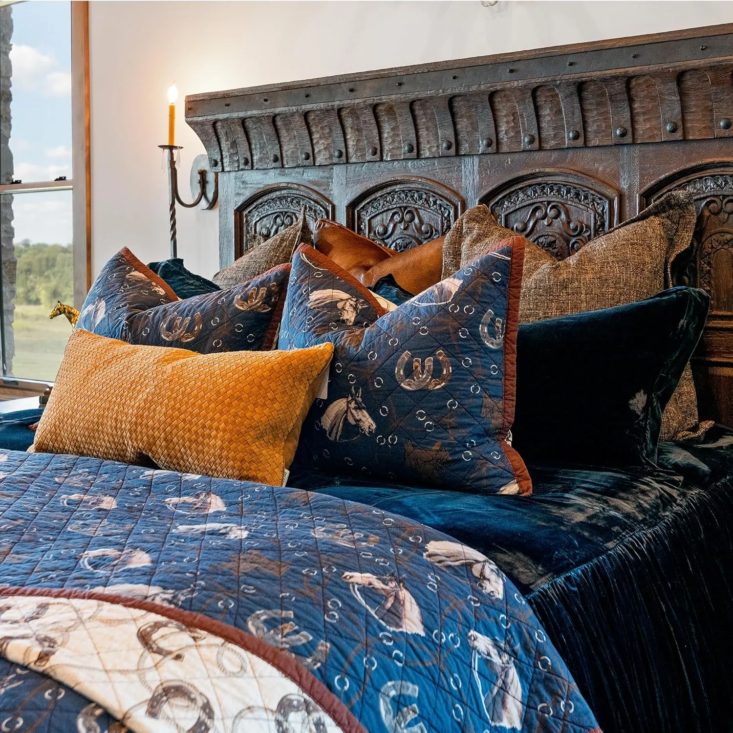 Tasha Polizzi Saratoga Western Bedding Sets Twin Size 2 Piece Cotton Quilt Set, Navy Blue Brown Tan, Horse Horseshoe Rope Print, Southwestern Rustic Reversible Quilt with Pillow Shams