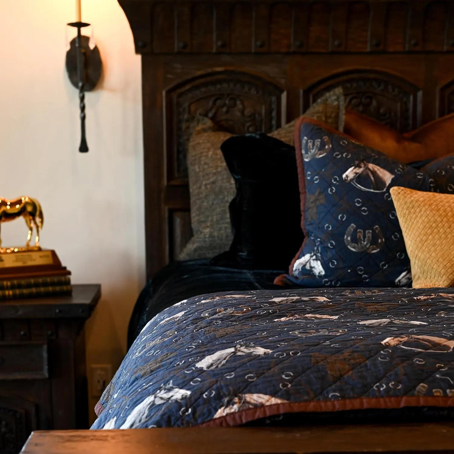 Tasha Polizzi Saratoga Western Bedding Sets Twin Size 2 Piece Cotton Quilt Set, Navy Blue Brown Tan, Horse Horseshoe Rope Print, Southwestern Rustic Reversible Quilt with Pillow Shams