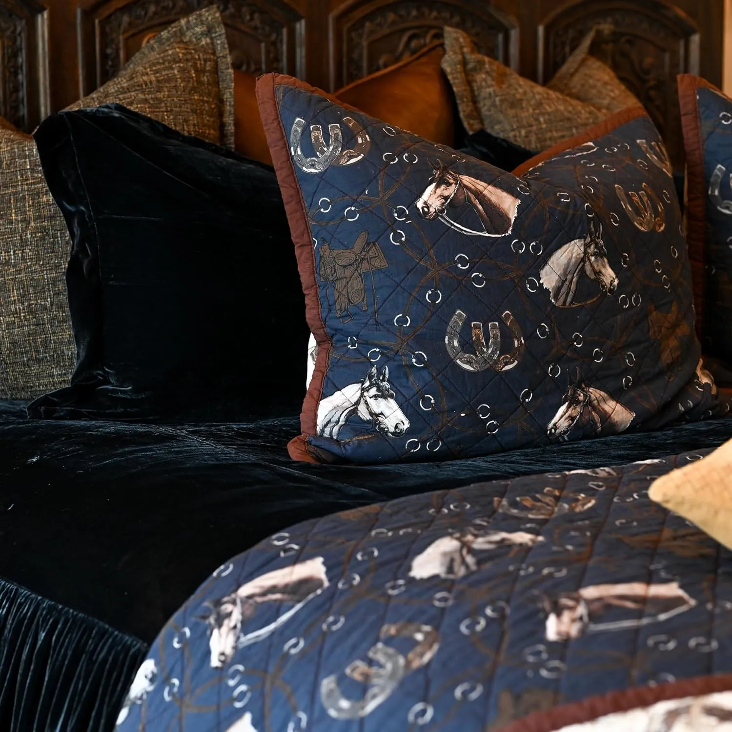 Tasha Polizzi Saratoga Western Bedding Sets Twin Size 2 Piece Cotton Quilt Set, Navy Blue Brown Tan, Horse Horseshoe Rope Print, Southwestern Rustic Reversible Quilt with Pillow Shams