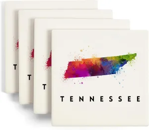 Tennessee State Abstract Watercolor (Absorbent Ceramic Coasters Set of 4 Matching Images, Cork Back, Kitchen Table Decor)