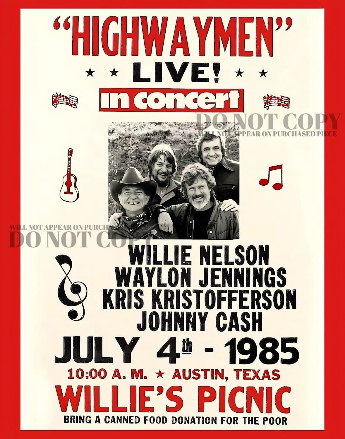 The Highwaymen Poster 11 X 14 - Willie Nelson - Johnny Cash - Waylon Jennings - 4th of July Picnic - Live 1985 Austin, Texas - Outlaw Country - Concert - Vintage Artwork - Rare Art Print
