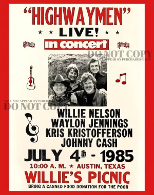 The Highwaymen Poster 11 X 14 - Willie Nelson - Johnny Cash - Waylon Jennings - 4th of July Picnic - Live 1985 Austin, Texas - Outlaw Country - Concert - Vintage Artwork - Rare Art Print