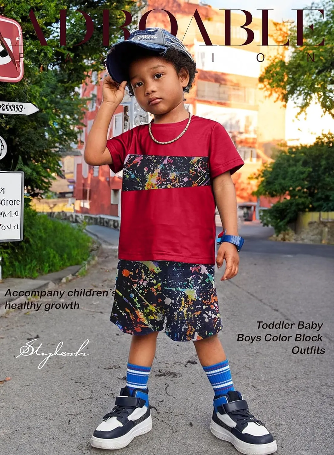 Toddler Baby Boys Color Block Outfits - Cute Long Shorts Tee Casual Sweatshirt Contrast Pants Summer Clothes Set