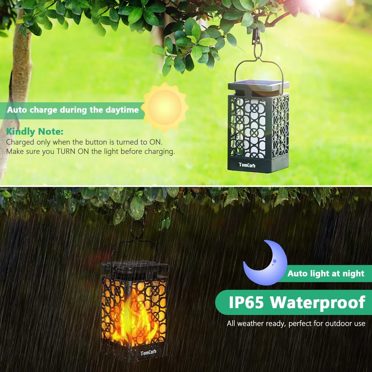 TomCare Solar Lights Upgraded Solar Lantern Flickering Flame Outdoor Hanging Lantern Decorative Lighting Solar Powered Waterproof LED Flame Umbrella Lights for Patio Garden Deck Yard, 4 Pack