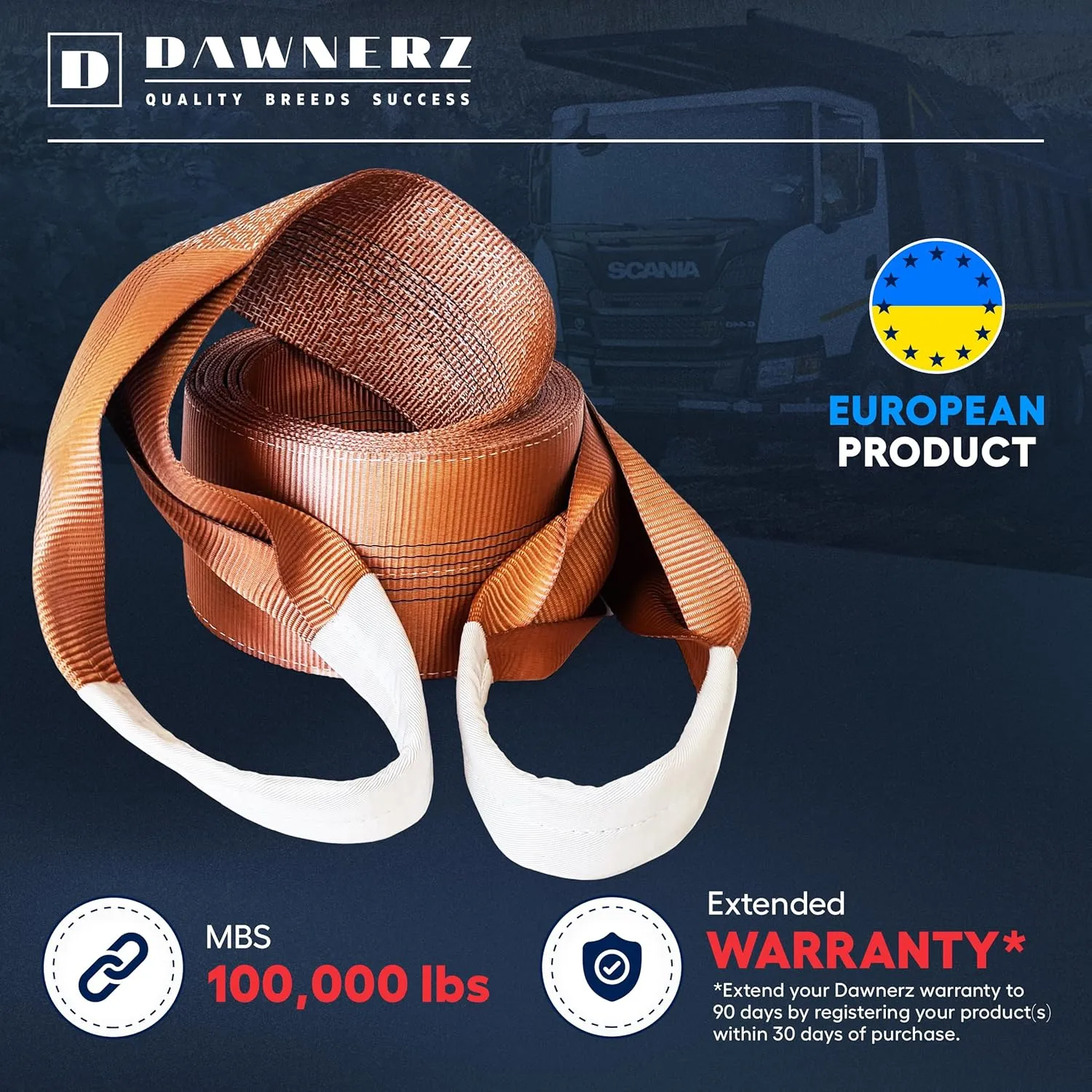 Tow Strap Heavy Duty 100000 lbs 30ft - Recovery Towing Rope 55 US Tons 9m for Tractors and Dump Trucks