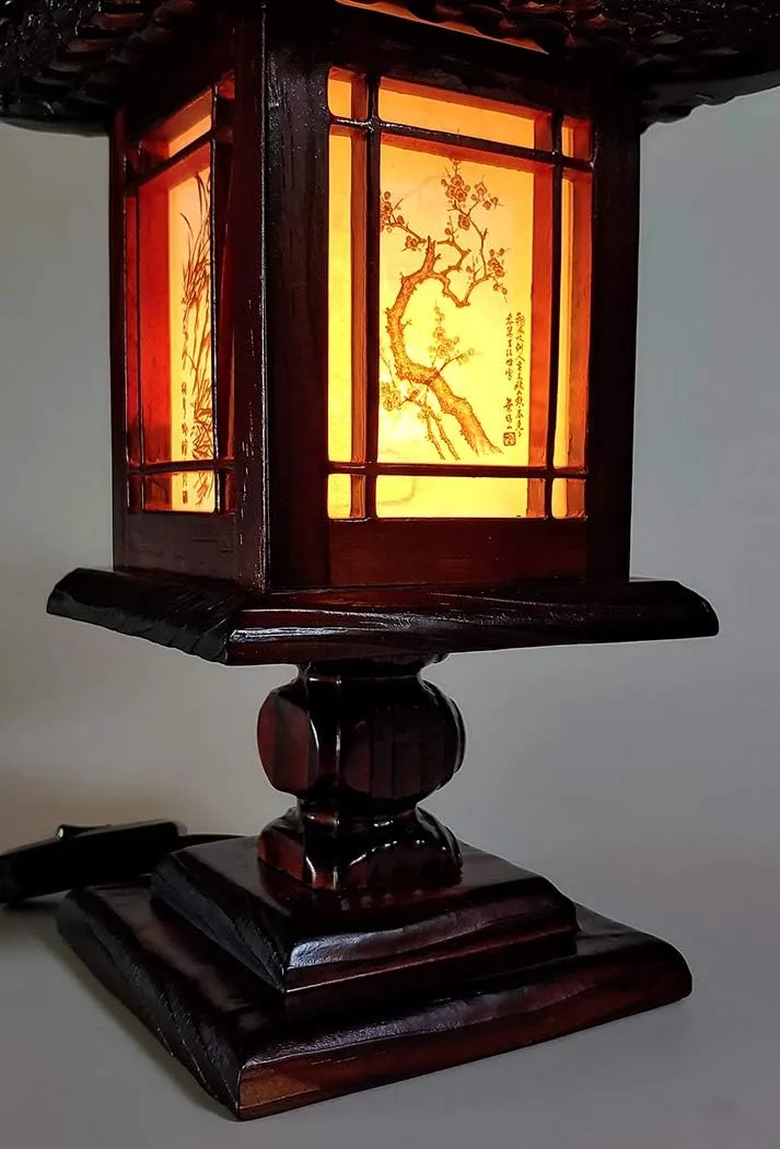 Traditional Korean Wood Lamp | Handmade Asian Oriental Table Lantern | Bedside Bedroom Accent Light | Unique Gift Idea | Hanok Design (Brown) (Pavilion)