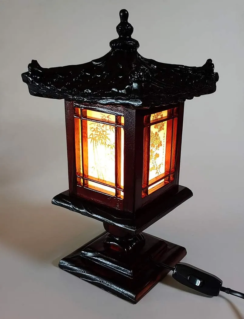 Traditional Korean Wood Lamp | Handmade Asian Oriental Table Lantern | Bedside Bedroom Accent Light | Unique Gift Idea | Hanok Design (Brown) (Pavilion)