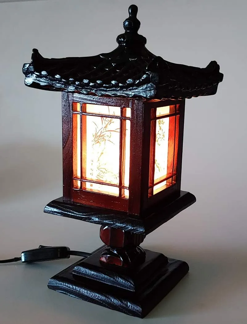 Traditional Korean Wood Lamp | Handmade Asian Oriental Table Lantern | Bedside Bedroom Accent Light | Unique Gift Idea | Hanok Design (Brown) (Pavilion)
