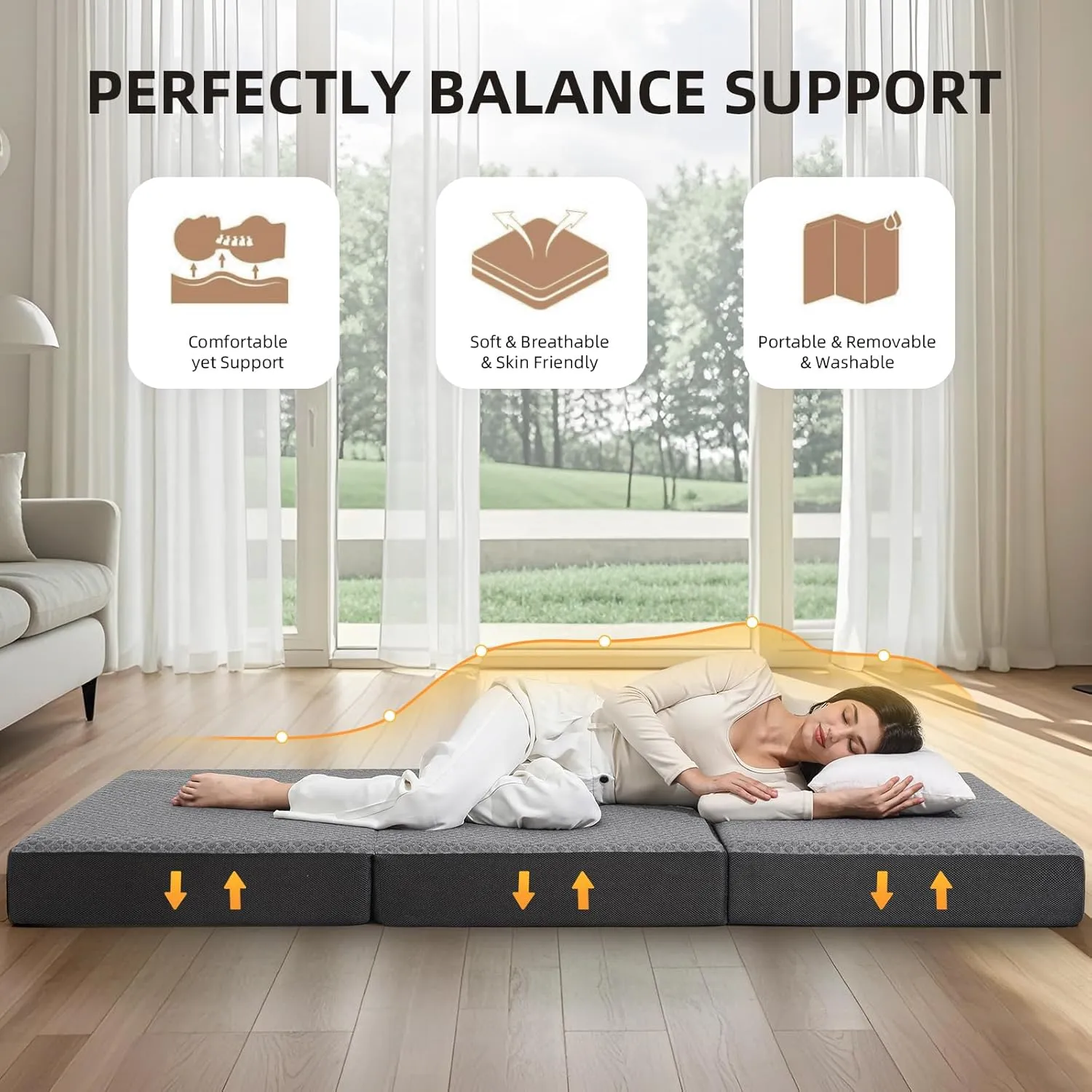 Tri Folding Mattress - Foldable Mattress for Travel/RV/Camping/Road Trip/Guest Room/Yoga, Tri-fold Memory Foam Mattress with Washable Cover, Handle & Non-Slip Bottom