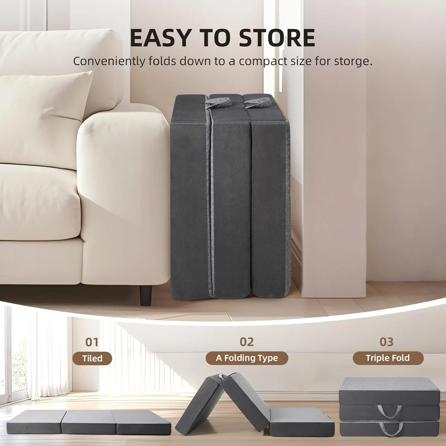 Tri Folding Mattress - Foldable Mattress for Travel/RV/Camping/Road Trip/Guest Room/Yoga, Tri-fold Memory Foam Mattress with Washable Cover, Handle & Non-Slip Bottom