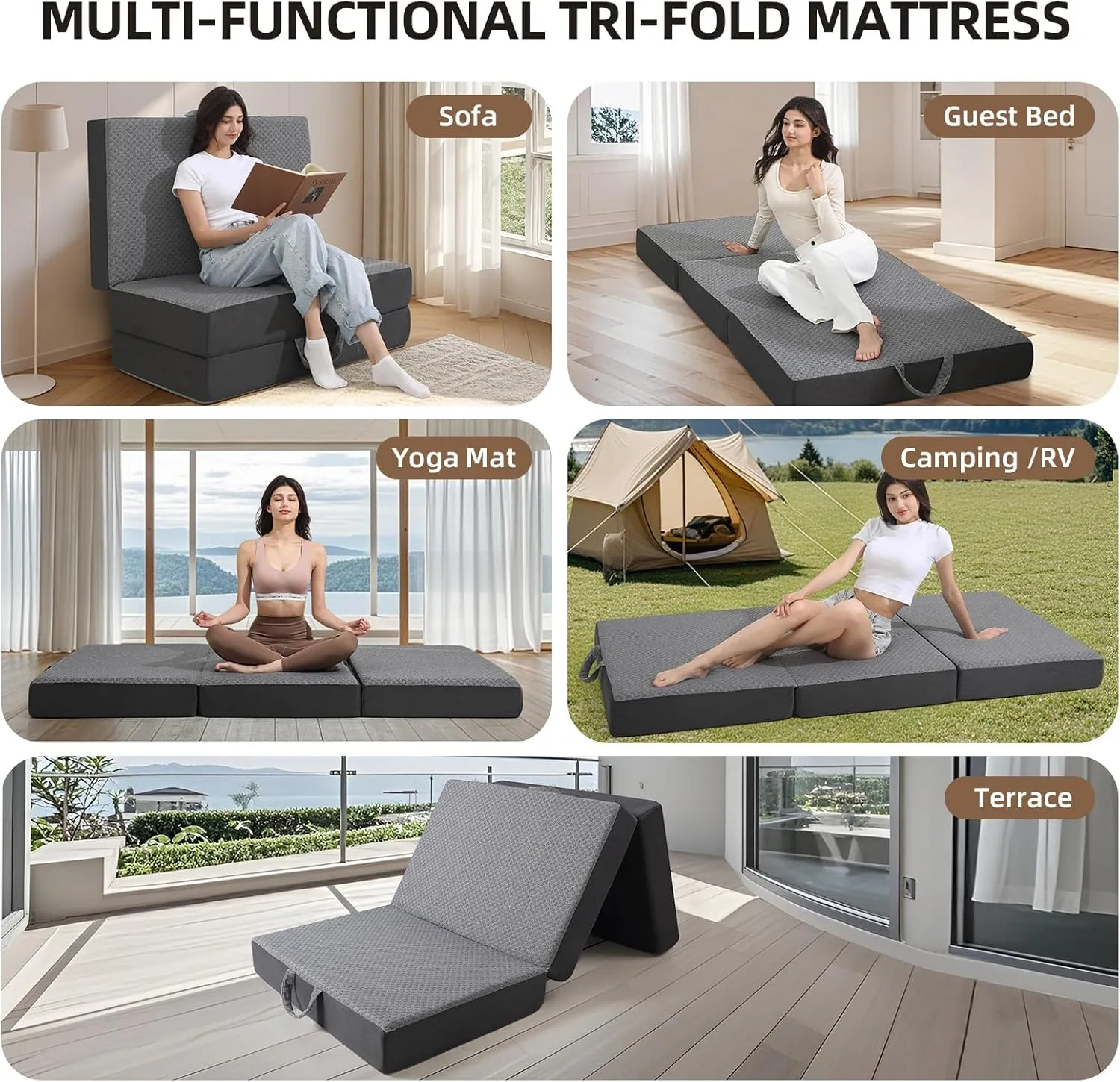 Tri Folding Mattress - Foldable Mattress for Travel/RV/Camping/Road Trip/Guest Room/Yoga, Tri-fold Memory Foam Mattress with Washable Cover, Handle & Non-Slip Bottom