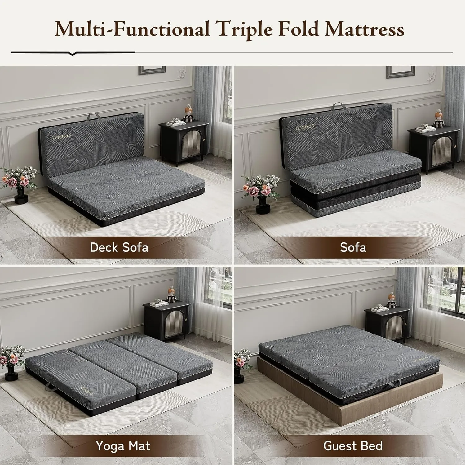 Tri Folding Mattress Queen Size - Handle & Non-Slip Bottom, Portable Foldable Sofa Bed Floor Mattress Chair for Travel RV Camping Guest Yoga - 5 Inch, 78"x58"x5"