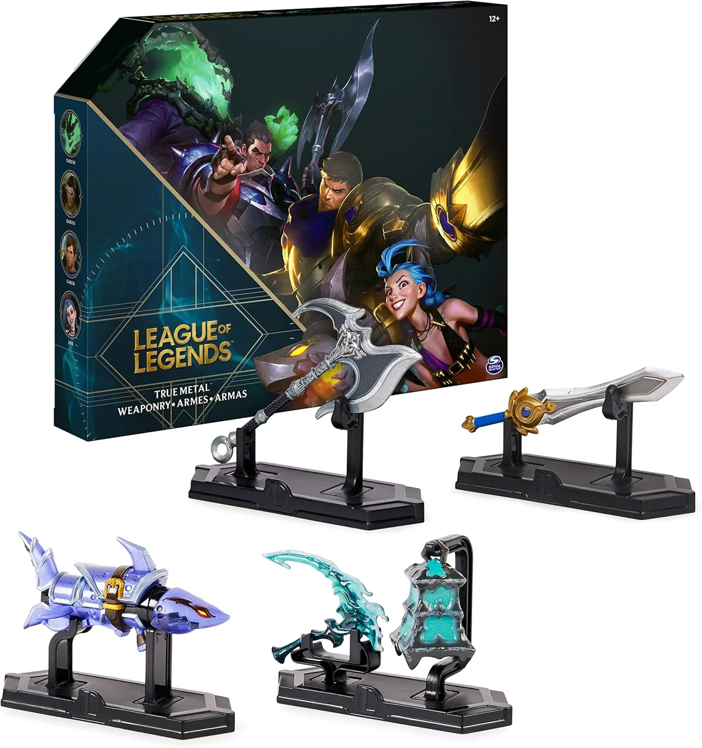 True Metal Weaponry 4-Pack, Thresh, Darius, Jinx, Exclusive Garen Diecast Collectibles with Display Bases, First Edition